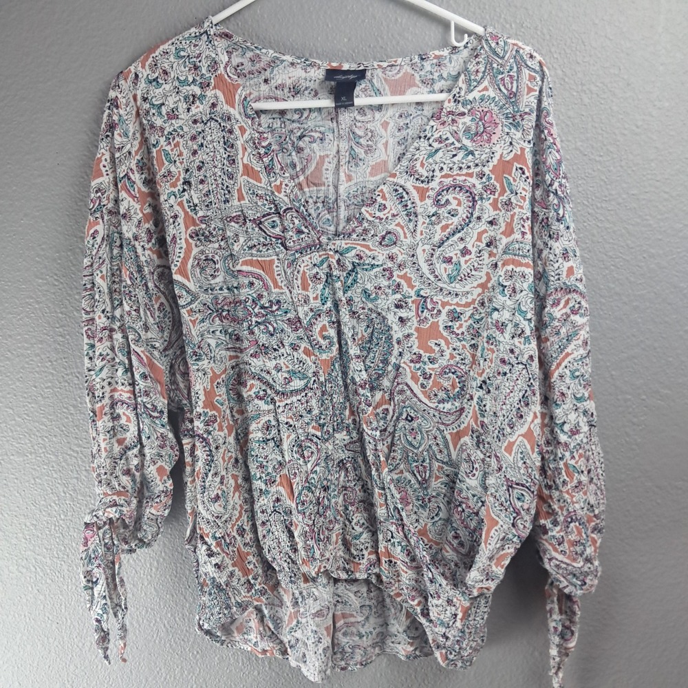 Daytrip Women's Boho Paisley Blouse Tie Sleeve V-Neck Boho Top Flowy XL